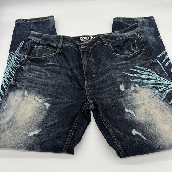 Born Fly Jeans Mens Size 40×32 Distressed Embroidered Blue Dark Wash - Picture 1 of 7